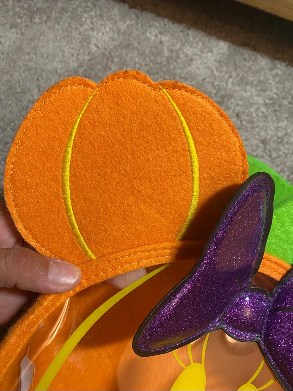 Disney Orange Pumpkin Minnie Trick-or-Treat Bag with Purple Bow and Green Handle